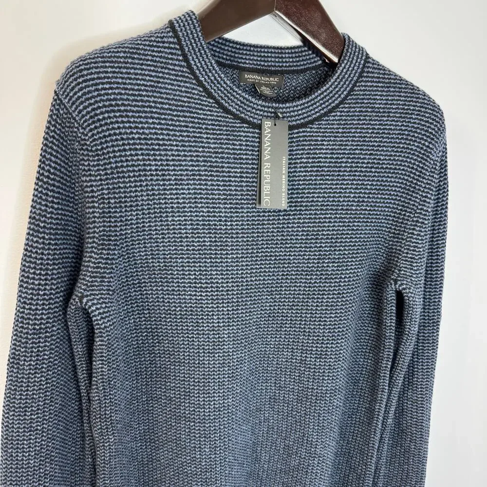Banana Republic Mens Adrano Striped Italian Wool Blend Sweater Preppy Navy L